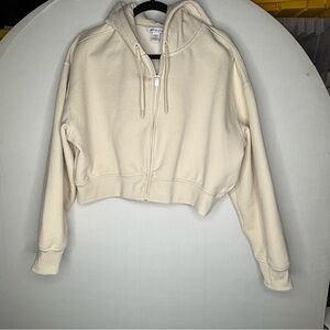 Athleta Cropped Zip Hoodie in Cream thick, thumbholes, oversized hood neutral 🍦